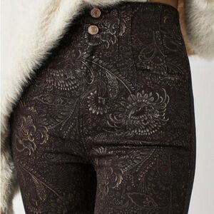 Free People High Rise Flare Jayde Printed Metallic Gold Foil Pants